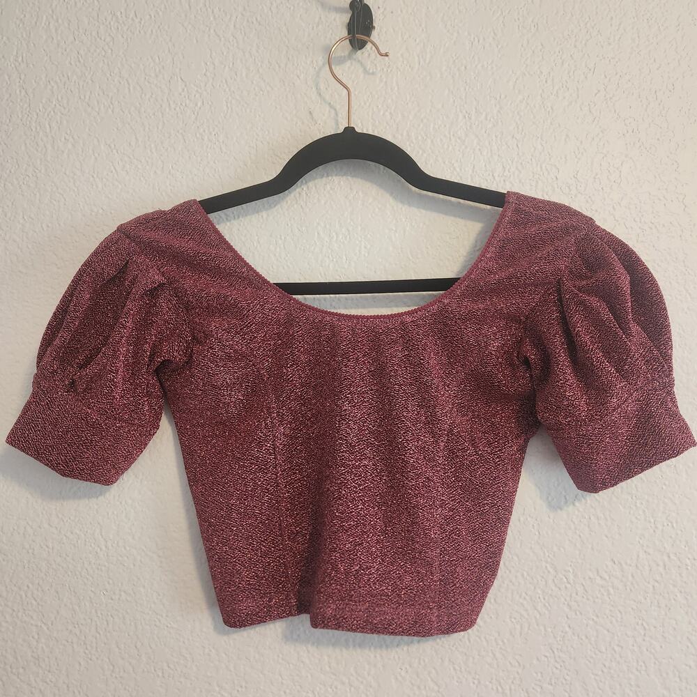 Women's Size X-Large Small Cropped Glitter Dark Pink‎ Puff Sleeve Blouse New